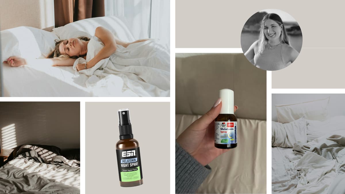 Eine Collage mit Bettwäsche, einer Frau, die im Bett liegt und verschiedenen Melatonin Sprays. 