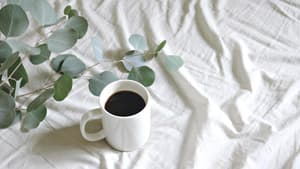 Kaffeebecher und Eucalyptus auf einem Bettlaken.