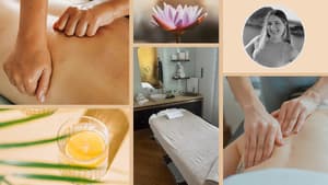 Collage mit massierenden Händen, einer Massageliege, einer Lotusblume, Wasser mit Zitrone und einem Bild der Redakteurin. 