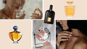Collage mit verschiedenen Parfums, Flakons und Frauen, die an Parfums riechen.