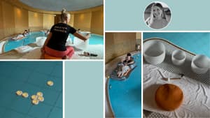 Collage mit Bildern vom Floating Sound Bath mit Wasser, Klangschalen und einer Frau auf einer Matte im Pool.