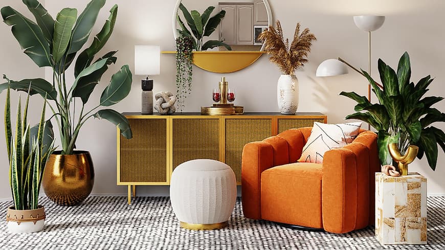 Wohnzimmer mit einem orangefarbenen Sessel und vielen Pflanzen