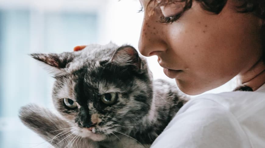 Frau mit Katze auf dem Arm
