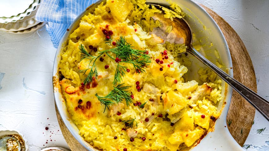 Günstiges Rezept Reisauflauf mit Putencurry