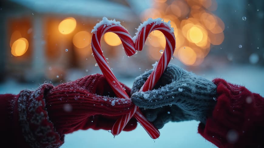 Zwei Hände halten Zuckerstangen zu einem Herz zusammen.