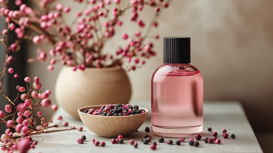 Ein Parfum Flakon auf einem Tisch mit schwarzem und pinkem Pfeffer daneben.