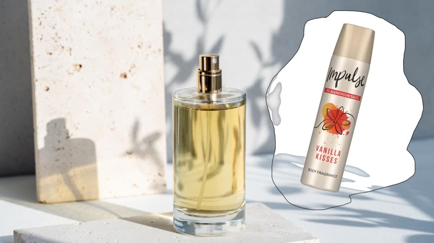 Parfum Flakon und Impulse Deo auf einem Marmor-Hintergrund.