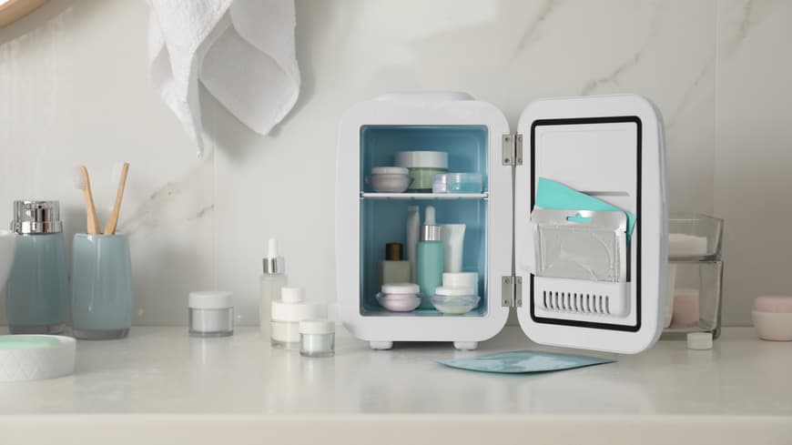 Kleiner Kühlschrank mit Kosmetikprodukten