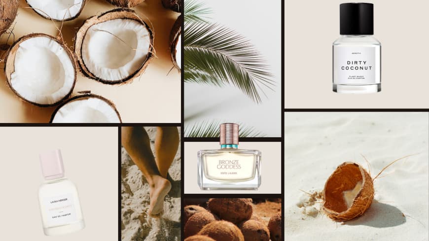 Eine Collage mit Bilder von Kokosnüssen, Füßen im Sand, Palmenblättern und verschiedenen Kokos Parfums.