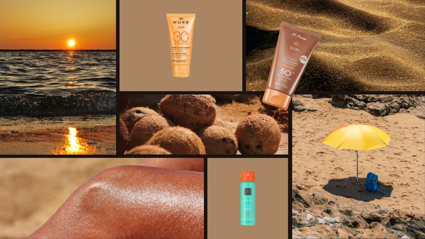 Eine Collage mit Fotos vom Strand, Sand, Kokosnüssen, einem gelben Sonnenschirm, gebräunter Haut und verschiedenen Sonnencremes.