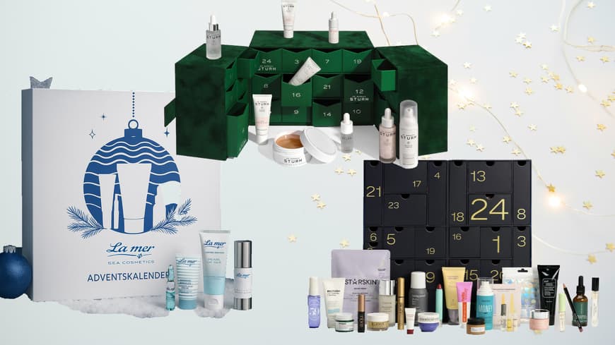 Wir verraten dir, welches die besten Beauty-Adventskalender in diesem Jahr sind. Collage Beauty Adventskalender 2025