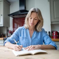 Frau sitzt am Küchentisch und schreibt in einem Buch.