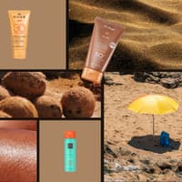 Eine Collage mit Fotos vom Strand, Sand, Kokosnüssen, einem gelben Sonnenschirm, gebräunter Haut und verschiedenen Sonnencremes.