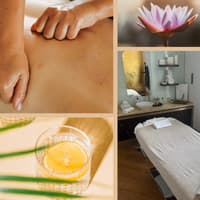 Collage mit massierenden Händen, einer Massageliege, einer Lotusblume, Wasser mit Zitrone und einem Bild der Redakteurin. 