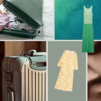 Knitterfreie Reisekleidung kann einem den Urlaub retten. Collage mit verschiedenen Kleidern und Koffern.