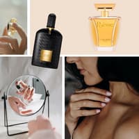 Ein Parfum, das den ganzen Tag hält, muss gar nicht so teuer sein. Collage mit verschiedenen Parfums, Flakons und Frauen, die an Parfums riechen.