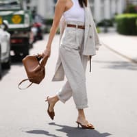 Frau mit rotem Lippenstift trägt ein weißes Top, eine beige Chinohose und Kitten Heals auf der Straße.