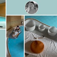 Collage mit Bildern vom Floating Sound Bath mit Wasser, Klangschalen und einer Frau auf einer Matte im Pool.