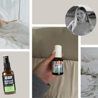 Eine Collage mit Bettwäsche, einer Frau, die im Bett liegt und verschiedenen Melatonin Sprays. 