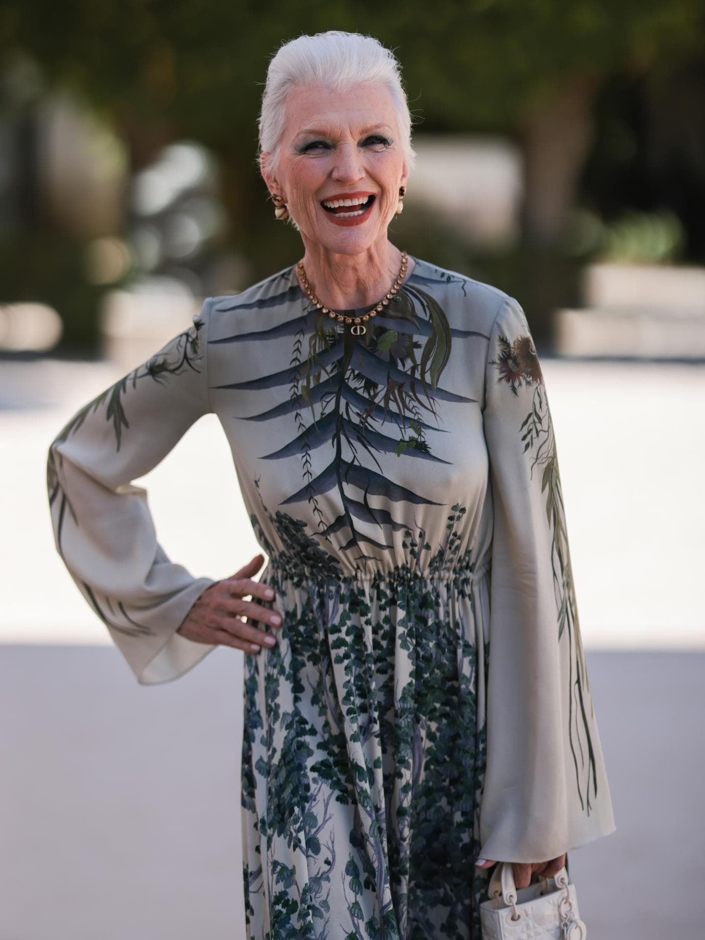 Maye Musk im grauen Kleid
