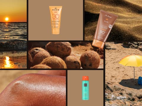 Sonnencremes, die nach Sommer duften, versetzen uns gedanklich an den Strand. Eine Collage mit Fotos vom Strand, Sand, Kokosnüssen, einem gelben Sonnenschirm, gebräunter Haut und verschiedenen Sonnencremes.
