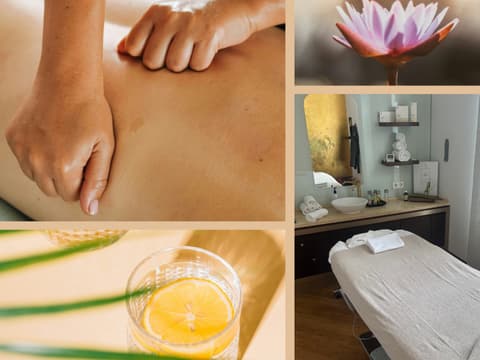 Collage mit massierenden Händen, einer Massageliege, einer Lotusblume, Wasser mit Zitrone und einem Bild der Redakteurin. 