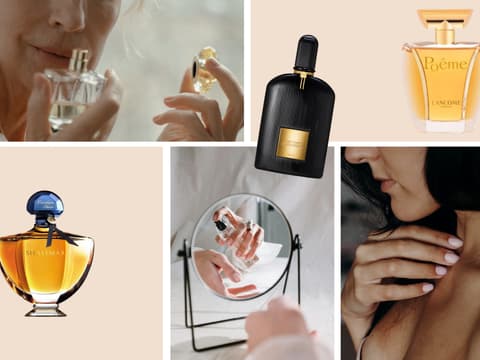 Ein Parfum, das den ganzen Tag hält, muss gar nicht so teuer sein. Collage mit verschiedenen Parfums, Flakons und Frauen, die an Parfums riechen.