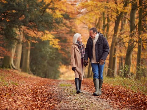 Welche 4 Sternzeichen sich auf einen romantischen Herbst freuen können, erfährst du hier. Pärchen geht im Herbstwald spazieren