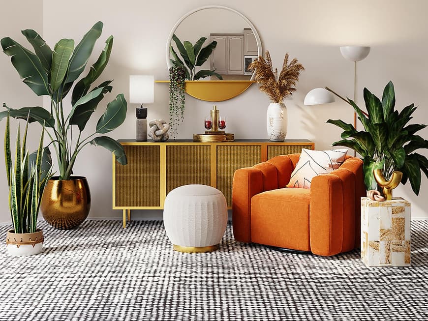 Wohnzimmer mit einem orangefarbenen Sessel und vielen Pflanzen