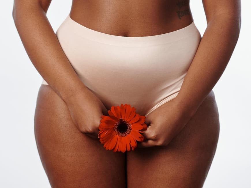 Frau mit Blume vor Intimbereich Frau mit Blume vor Intimbereich