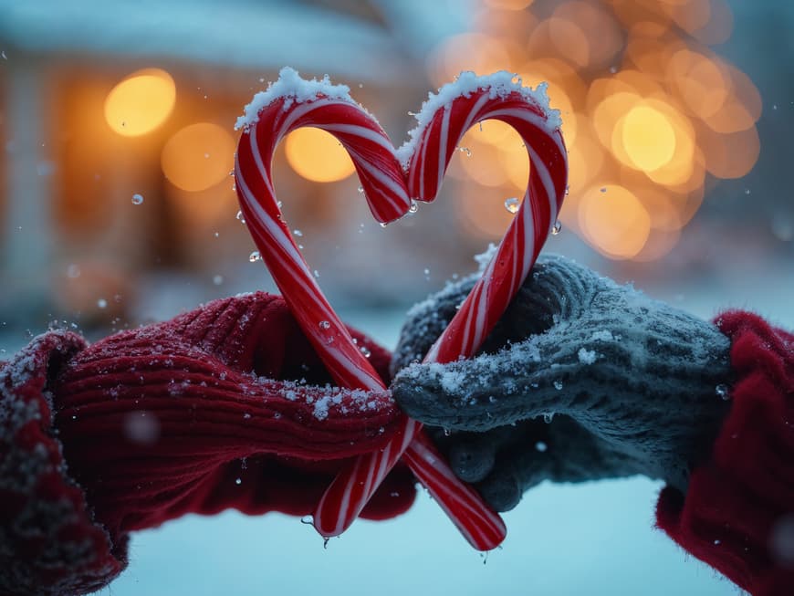 Welche 3 Sternzeichen im Dezember große Liebesgefühle erwartet, erfährst du hier. Zwei Hände halten Zuckerstangen zu einem Herz zusammen.