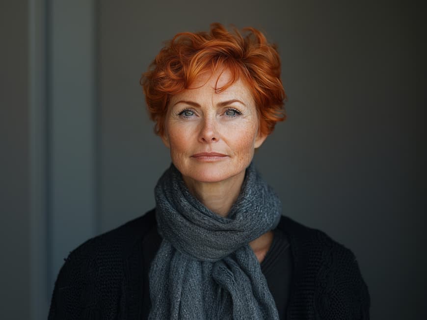 Ältere Frau mit kurzen, kupferroten Haaren und einem grauen Schal.