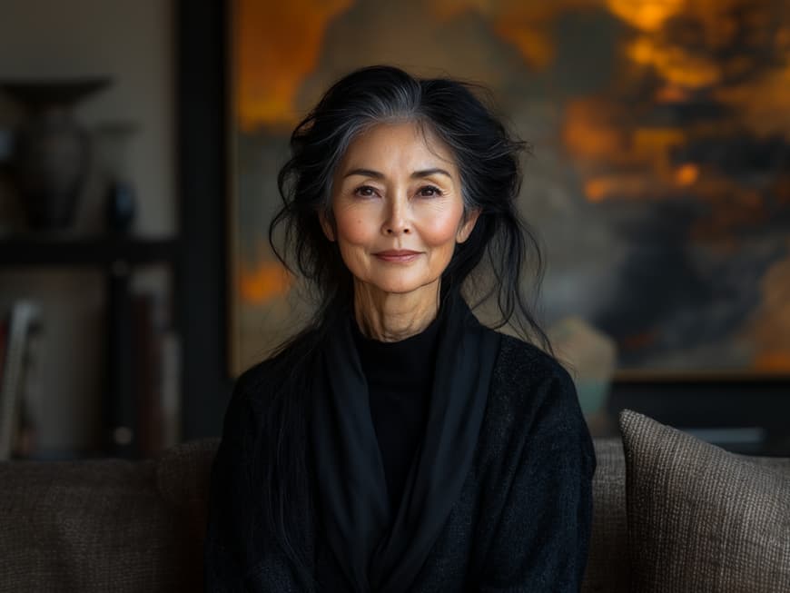 Asiatische Frau mit schwarzen Haaren sitzt in einem Wohnzimmer.