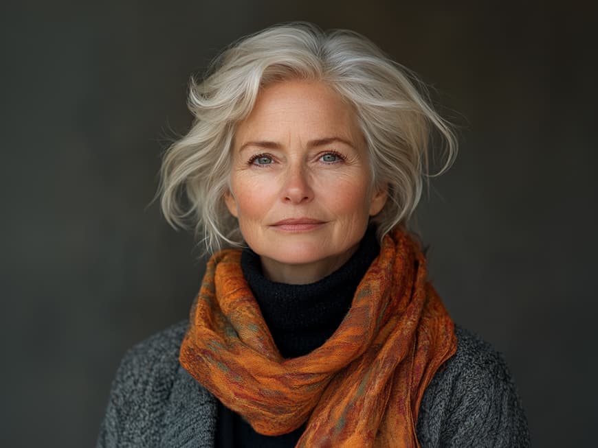 Ältere Frau mit blonden Haaren, einem bunten Schal und einer grauen Strickjacke.