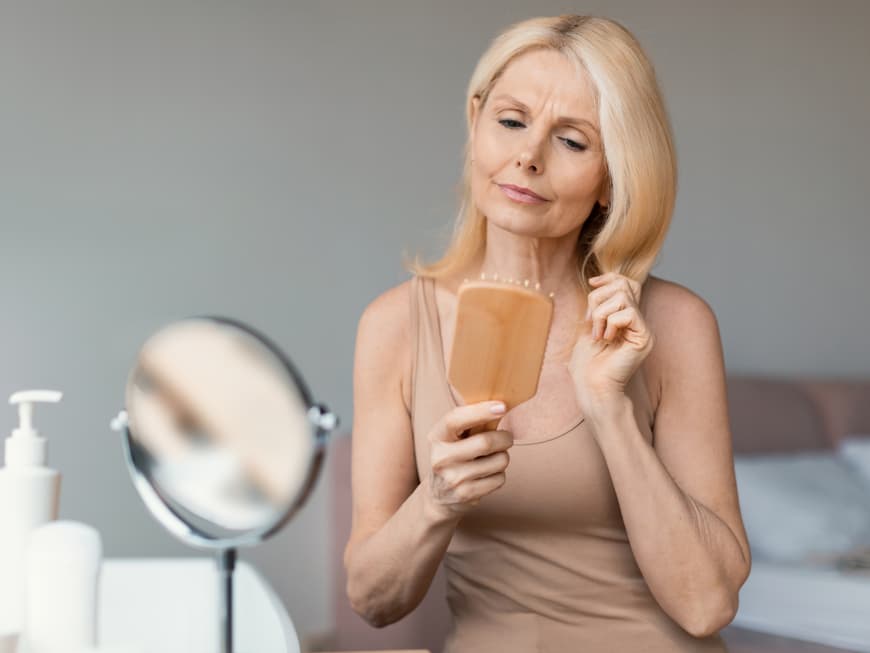Bei Haarausfall sollten wir laut Expertin täglich Haarewaschen – aus DIESEM Grund. Reife Frau bürstet Haare kritisch