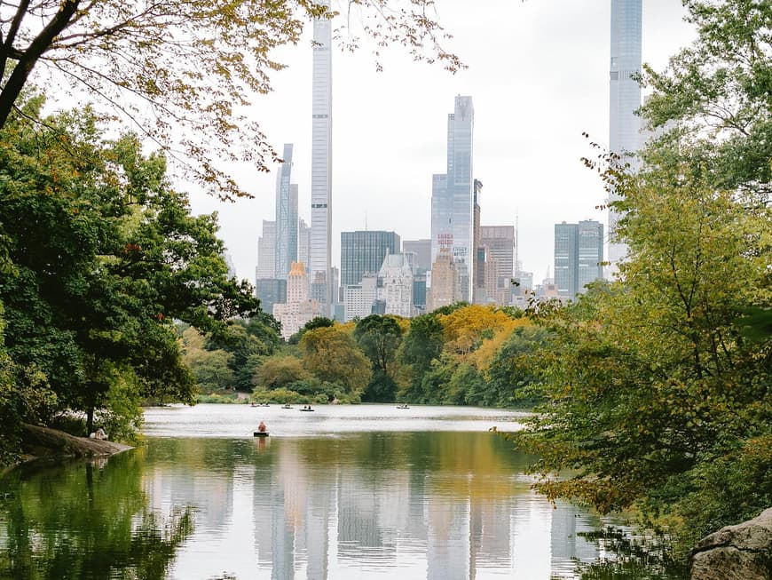 Ein Blick auf die Skyline von New York mit Park und Wasser im Vordergrund.