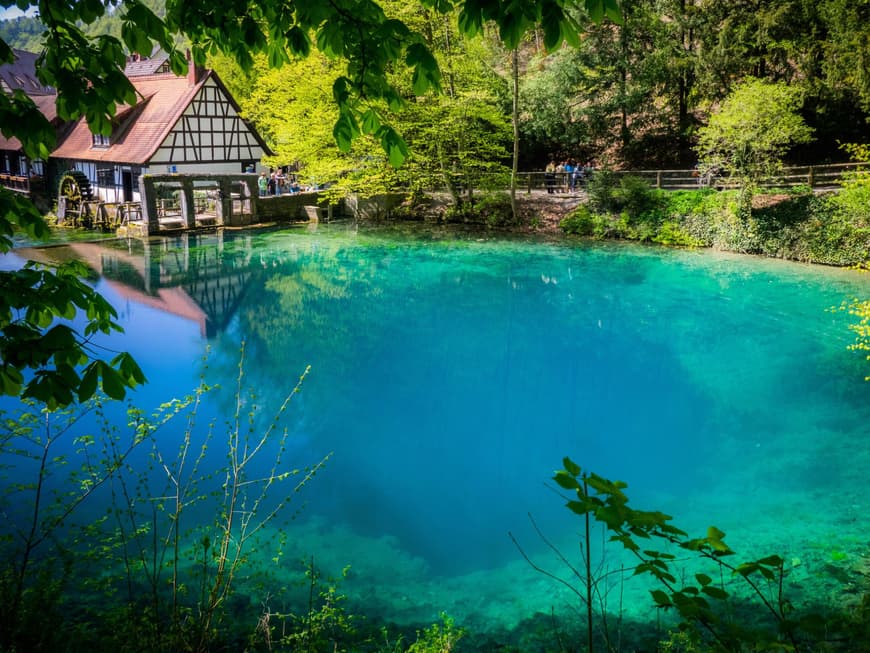 Der Blautopf in Türkis mit einem Fachwerkhaus und Bäumen im HIntergrund.