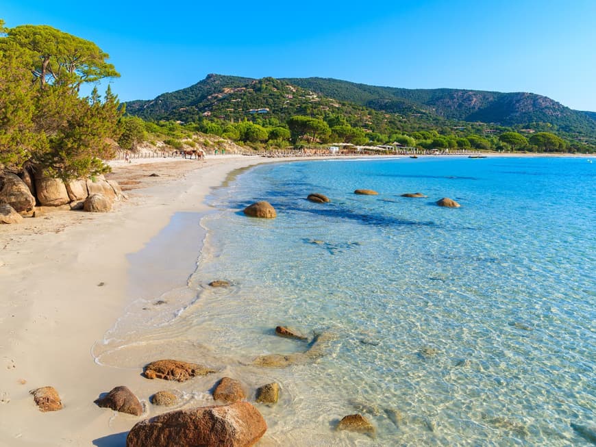 Langer Strand mit grünen Bäumen und türkisfarbenem Wasser und einigen Felsen darin.