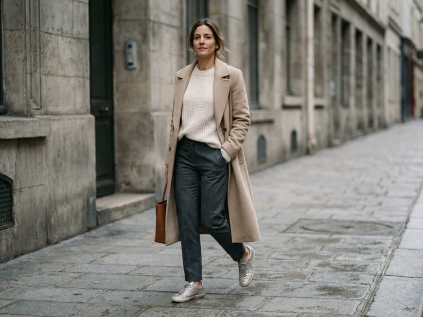 Eine Frau trägt glitzernde Sneakers